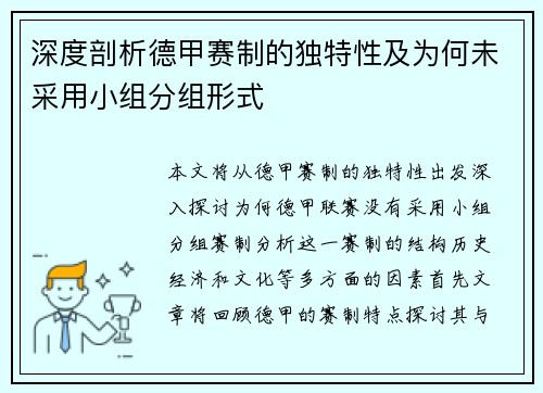 深度剖析德甲赛制的独特性及为何未采用小组分组形式
