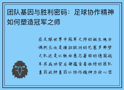 团队基因与胜利密码：足球协作精神如何塑造冠军之师