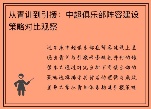 从青训到引援：中超俱乐部阵容建设策略对比观察